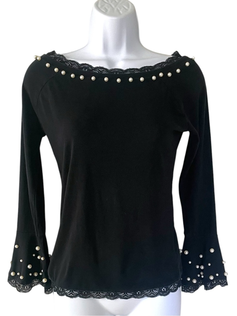 bebe Bombshell Black Pearl Embellished Lace Trim Top Y2K Coquette Stretch Knit